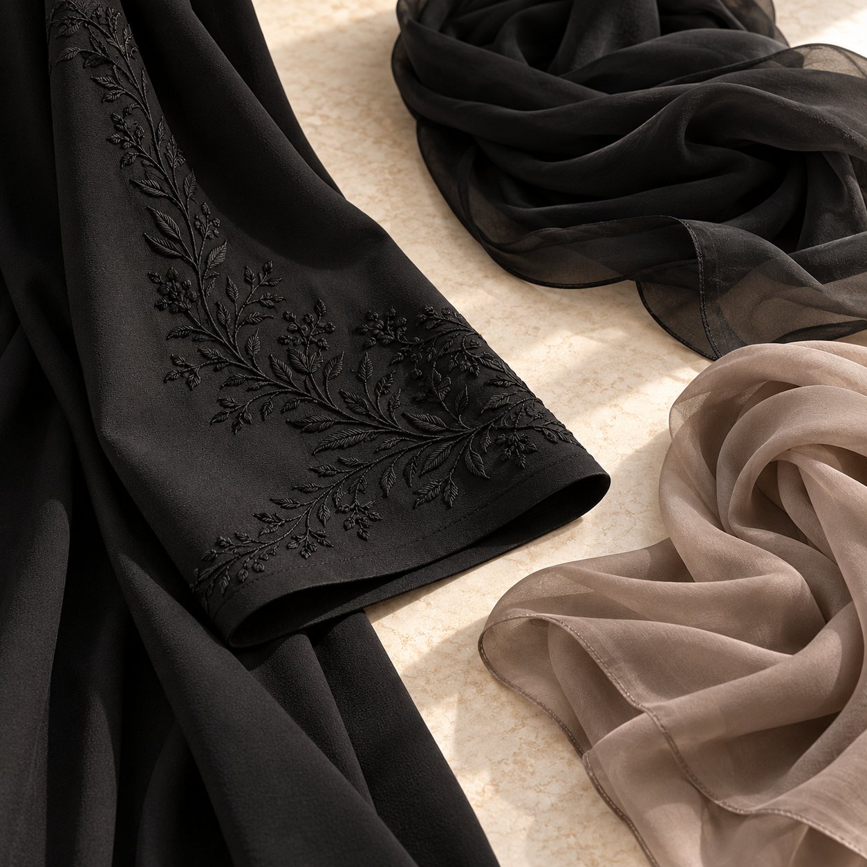 Close-up of tonal floral embroidery on a black abaya sleeve beside black and taupe chiffon shailas